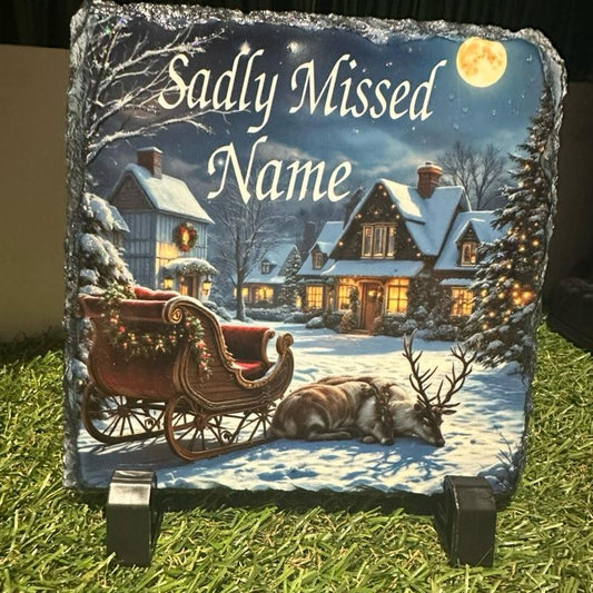 Personalised memorial Christmas  sleigh & reindeer design outdoor slate with glitter details