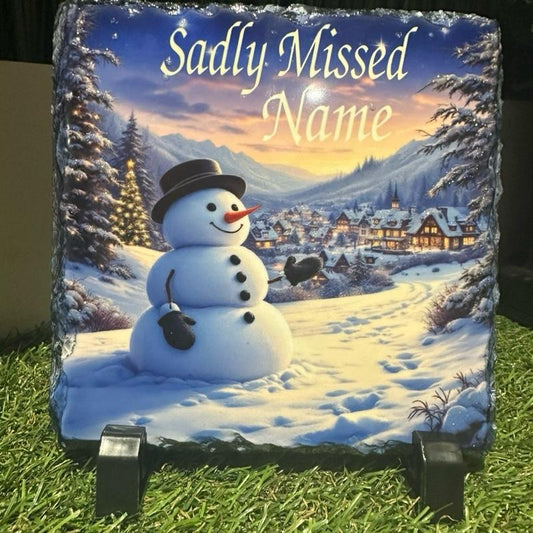 Personalised memorial Christmas snowman design outdoor slate with glitter details