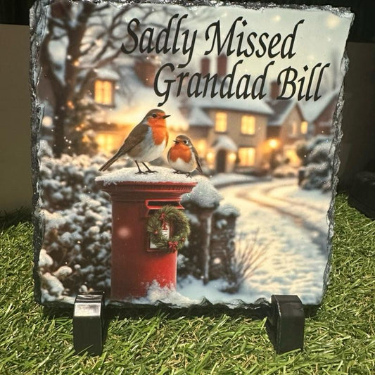 Personalised memorial Christmas robin design outdoor slate with glitter details