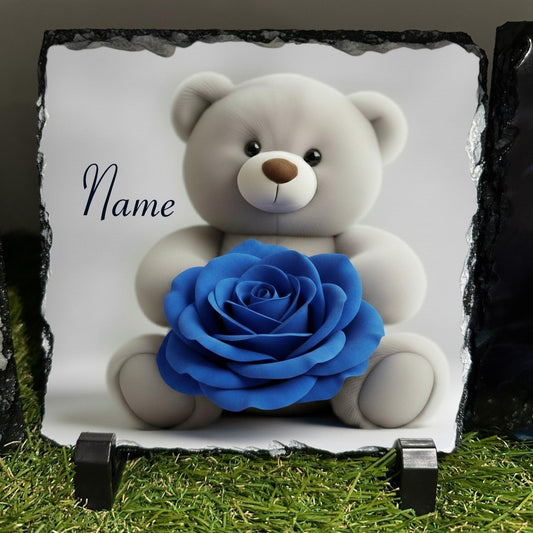 Personalised Grey teddy with blue rose design outdoor or indoor slate